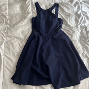 Navy Blue Fit & Flare Juniors Dress – Size 1, Lace Cutout Sides, Formal Look